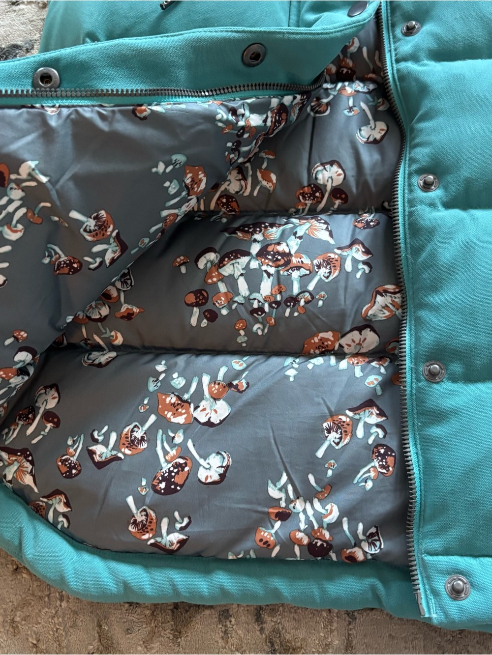 Patagonia Hooded Bivy Down Vest Mushroom Print Women’s XS Copper Blue - Picture 2 of 9